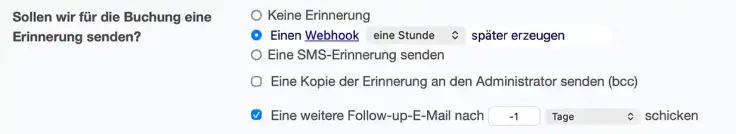 SuperSaaS-Erinnerung zum Konfigurieren des Zeitpunkts für das Senden des Nuki-Türcodes an Kunden