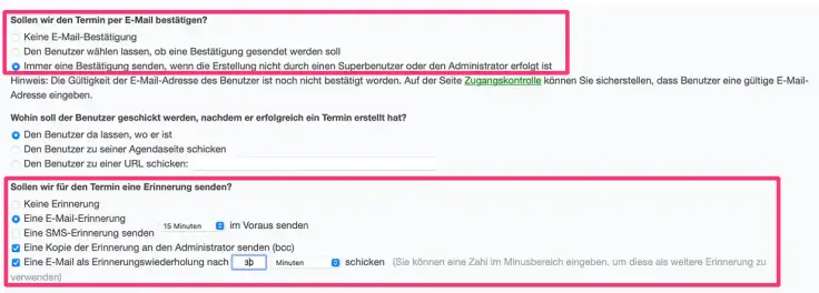 Automatisch an den Termin erinnern und Termine oder Teilnahme bestätigen einrichten im Terminbuchungskalender.