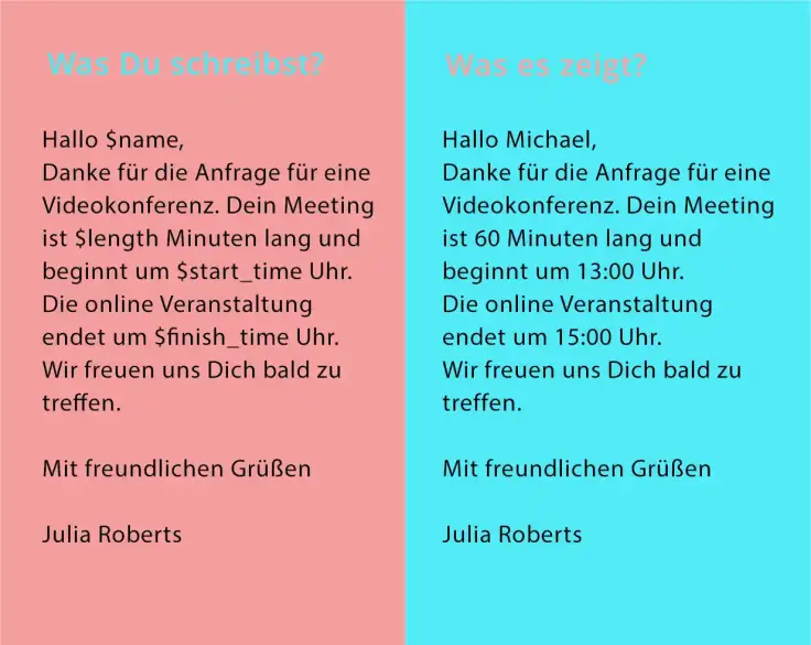 E-Mail zur Terminbuchung mit Name, Länge, Startzeit und Endzeit personalisieren mithilfe von Autotext.
