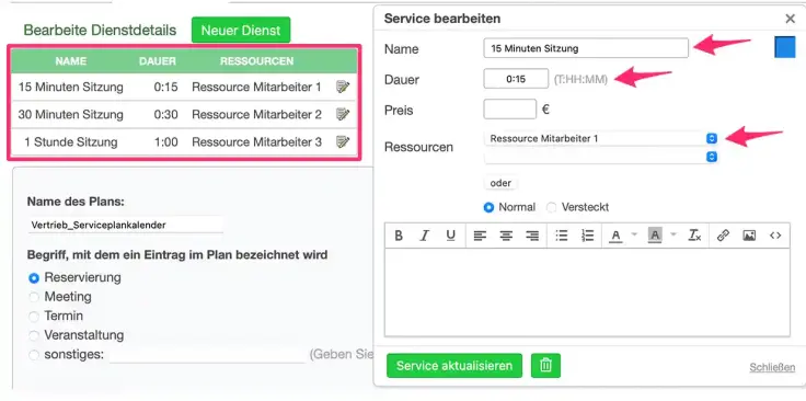 Personen im Serviceplan einen Zeitrahmen geben, wie lange ein Meeting dauern soll.