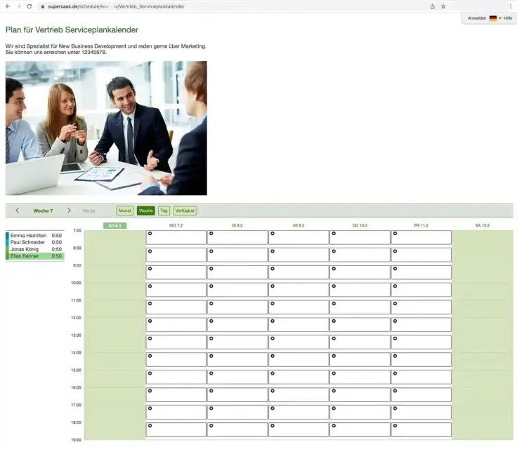 Kunden können ihr bevorzugtes Teammitglied in Deinem SuperSaaS-Terminbuchungskalender auswählen mit dem Serviceplan.
