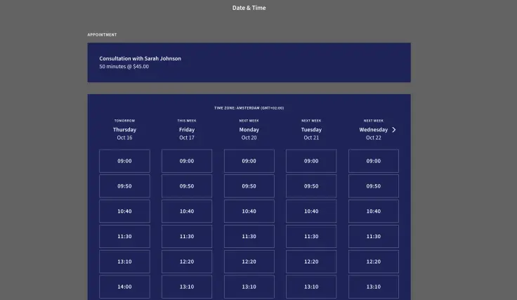 Screenshot Acuity Scheduling schedule