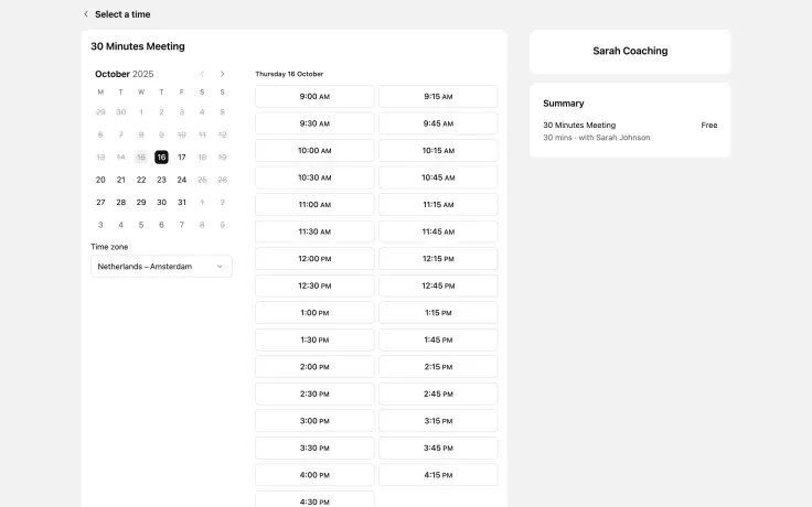 Screenshot Setmore schedule