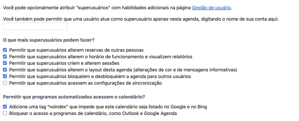 Configurações de acesso a Superusuários