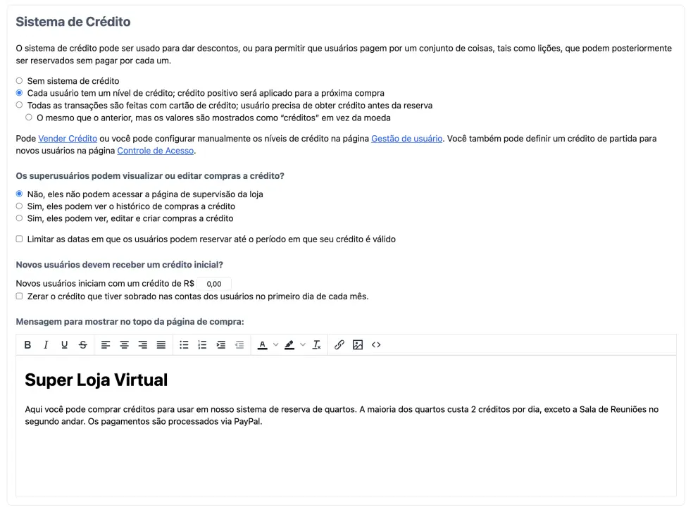 Configurando o sistema de crédito