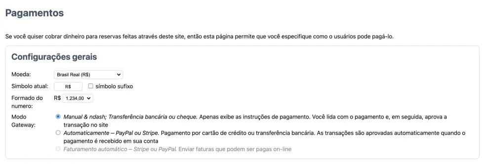 Configuração de pagamentos manuais