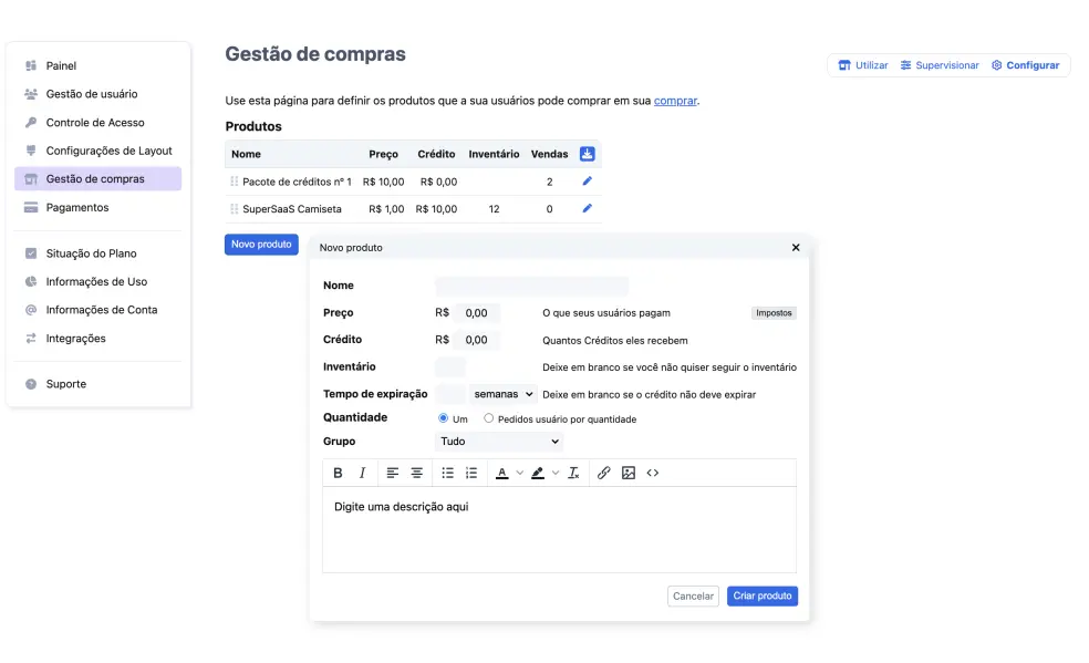 Adição de produtos, isto é, créditos para a sua loja web