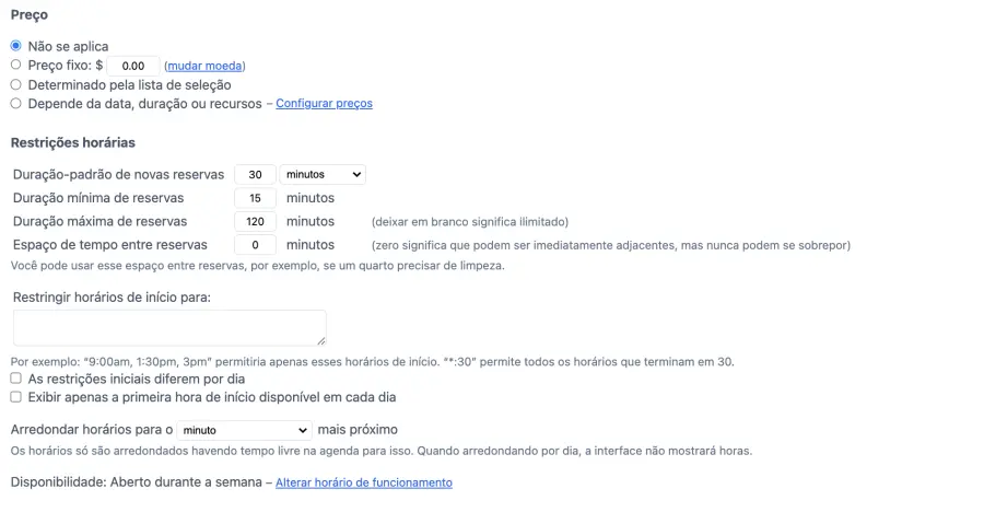 adicionar restrições de tempo às reservas