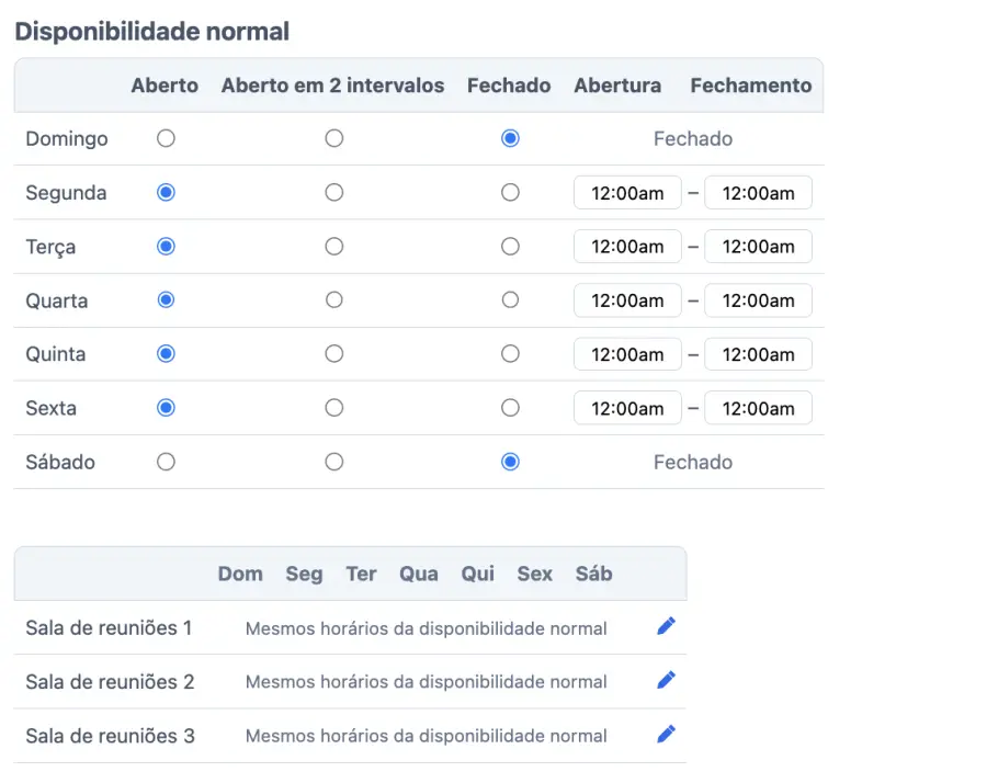 gerenciar horários de funcionamento da sala