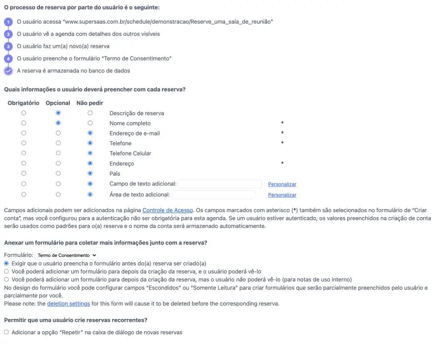 configurar campos de entrada na sua agenda