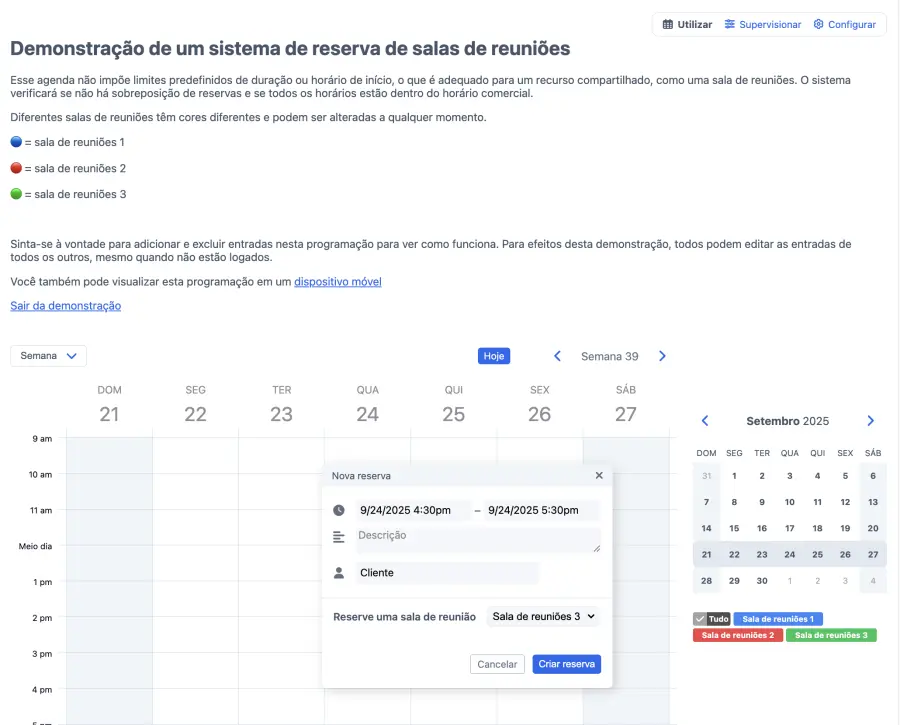 criar nova reserva de sala de reunião