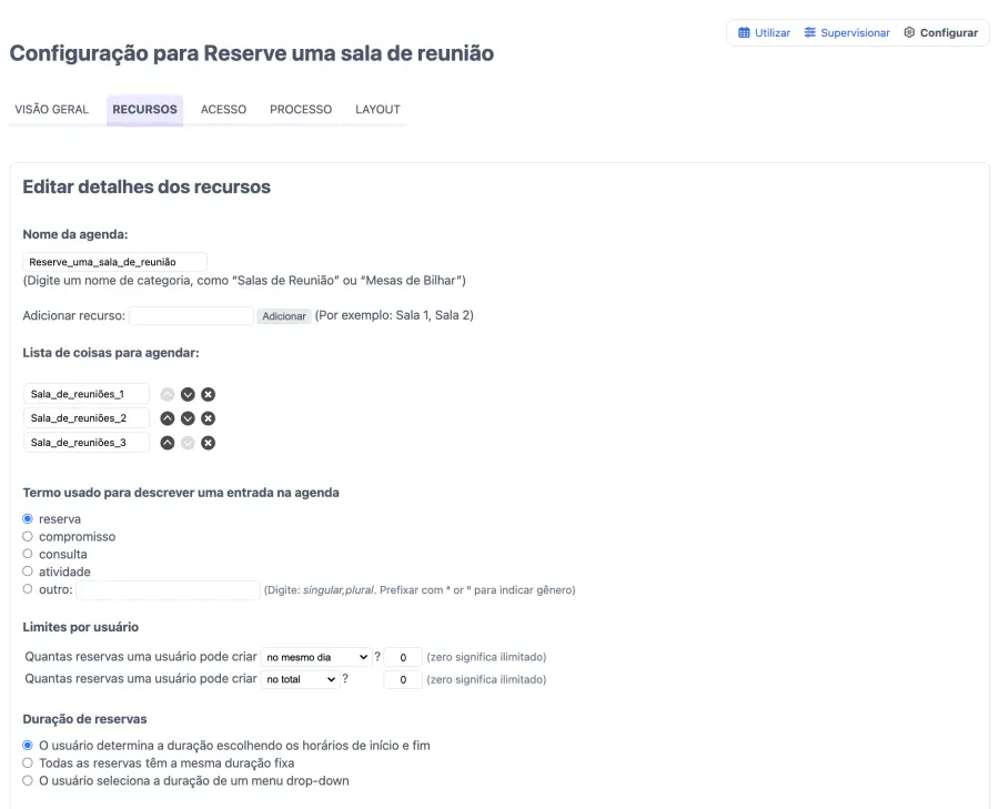 gerenciando a configuração da reserva de salas