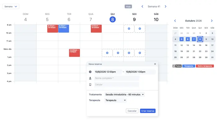 Agenda de agendamentos SuperSaaS em visualização semanal com o formulário de nova reserva