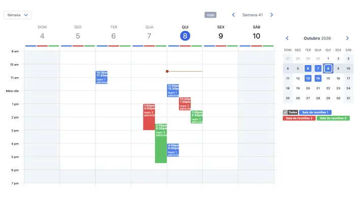 Agenda SuperSaaS em visualização semanal com reservas de várias salas de reunião