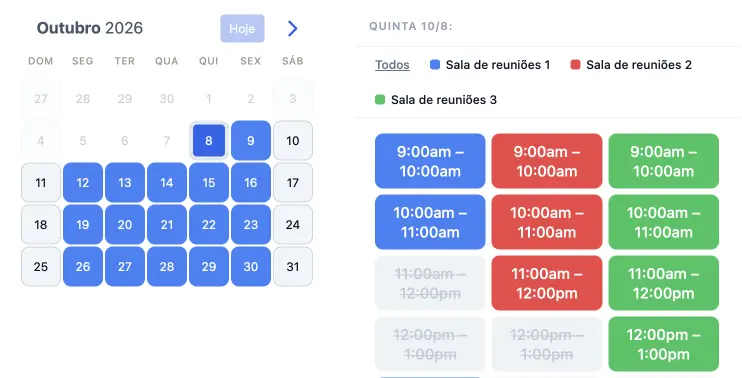 Widget de agendamento SuperSaaS com horários disponíveis por sala de reunião