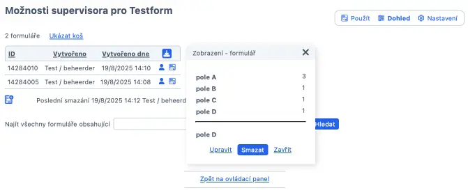Přehled odeslaných formulářů