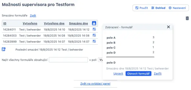 Přehled formulářů v koši