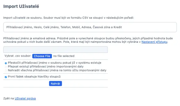 Import uživatelů do systému