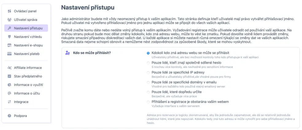 Možnosti nastavení přístupu