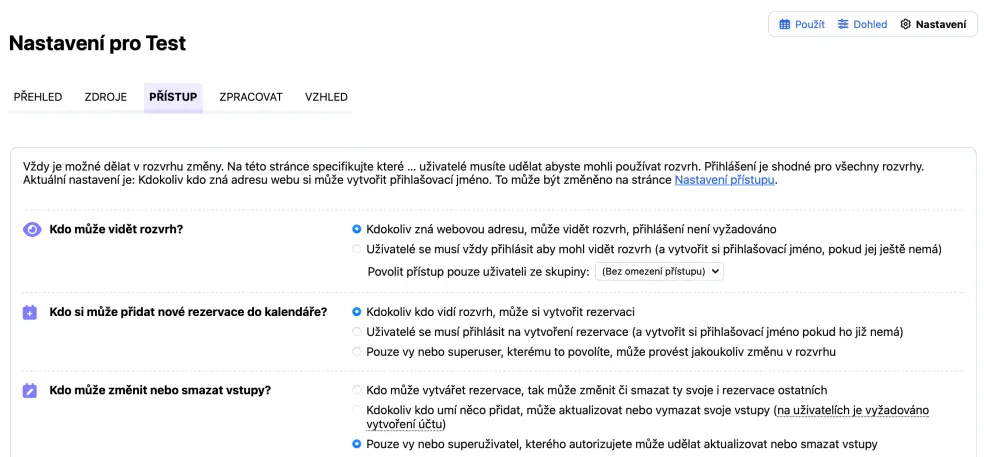 Nastavení přístupu