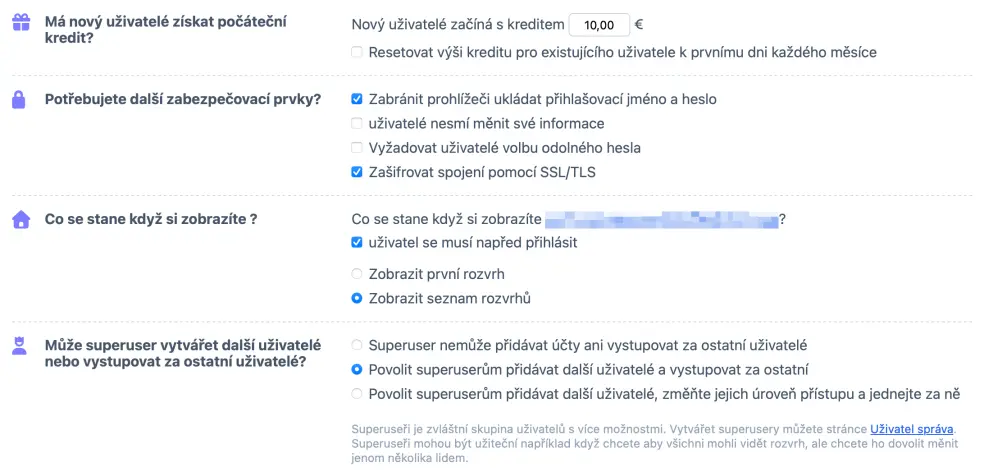 Další nastavení týkající se registrace/autorizace