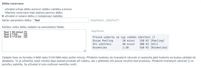 Výběrový seznam s možnostmi pro výběr délky