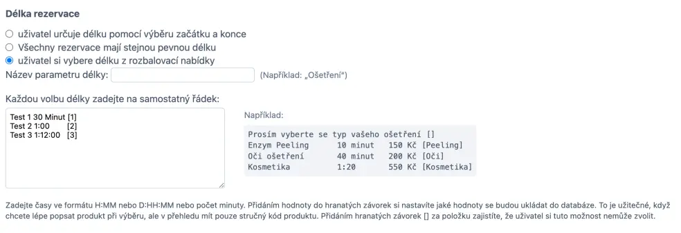 Výběrový seznam s možnostmi pro výběr délky