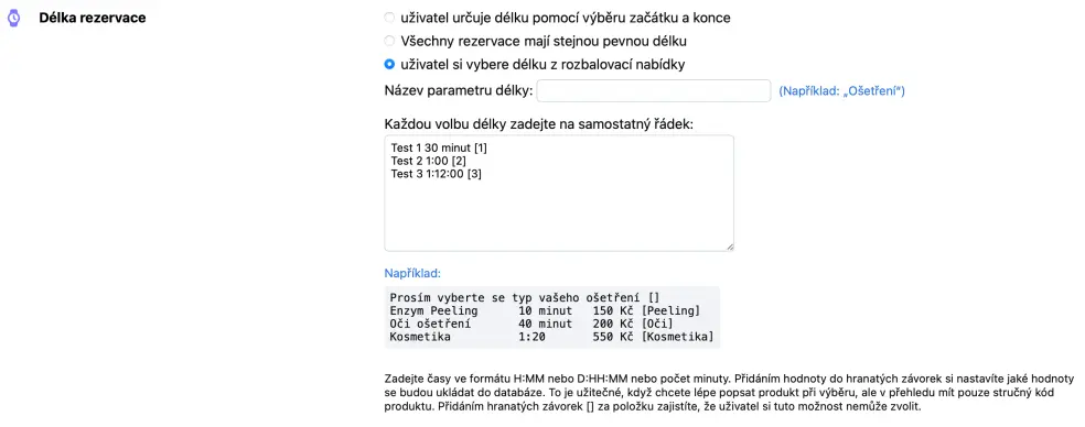 Výběrový seznam s možnostmi pro výběr délky