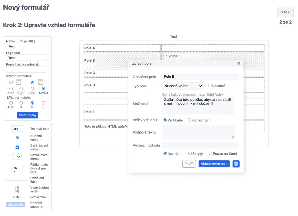 Přidávání polí do nového formuláře