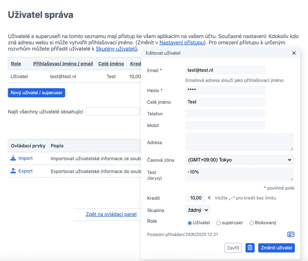Změny kreditu jednotlivým uživatelům