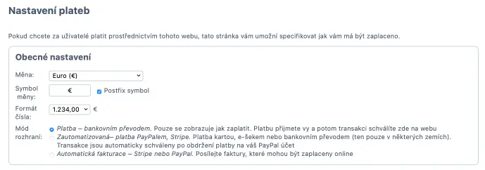 Nastavení manuální platby