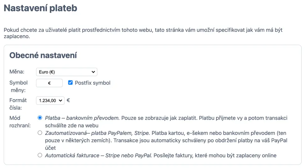 Nastavení manuální platby