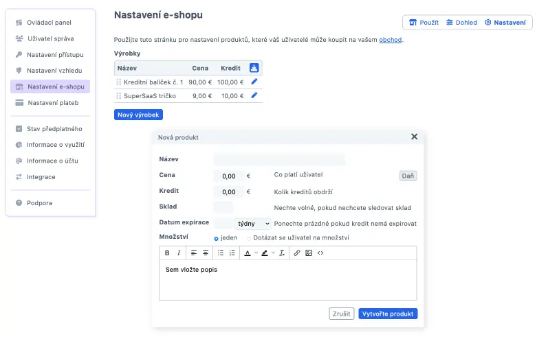 Přidání produktů, tj. kreditů, do obchodu