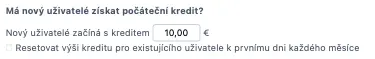 Nastavení počátečního kreditu