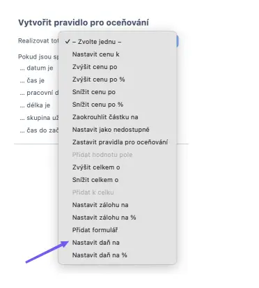 Rozbalovací nabídka pro přidání daní