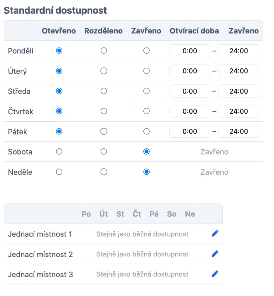 správa otevírací doby místností