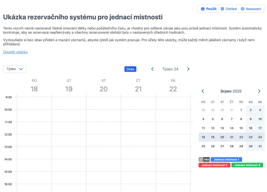 demo systém rezervace jednacích místností
