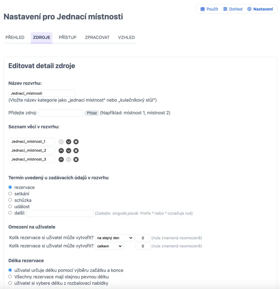 správa nastavení rezervace místností