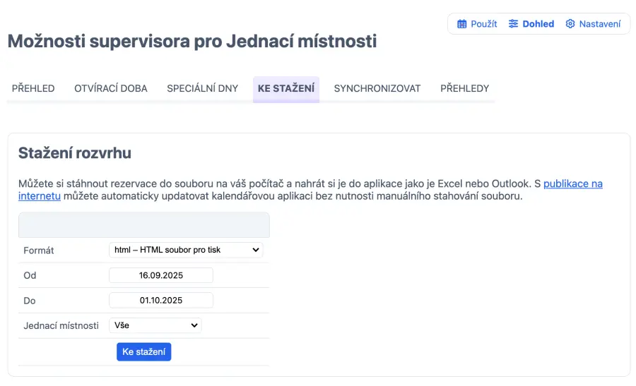 stahování rezervací místností