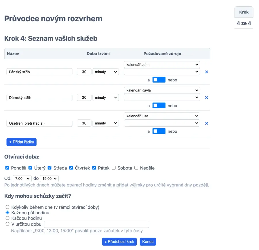 Správa služeb v online kalendáři schůzek