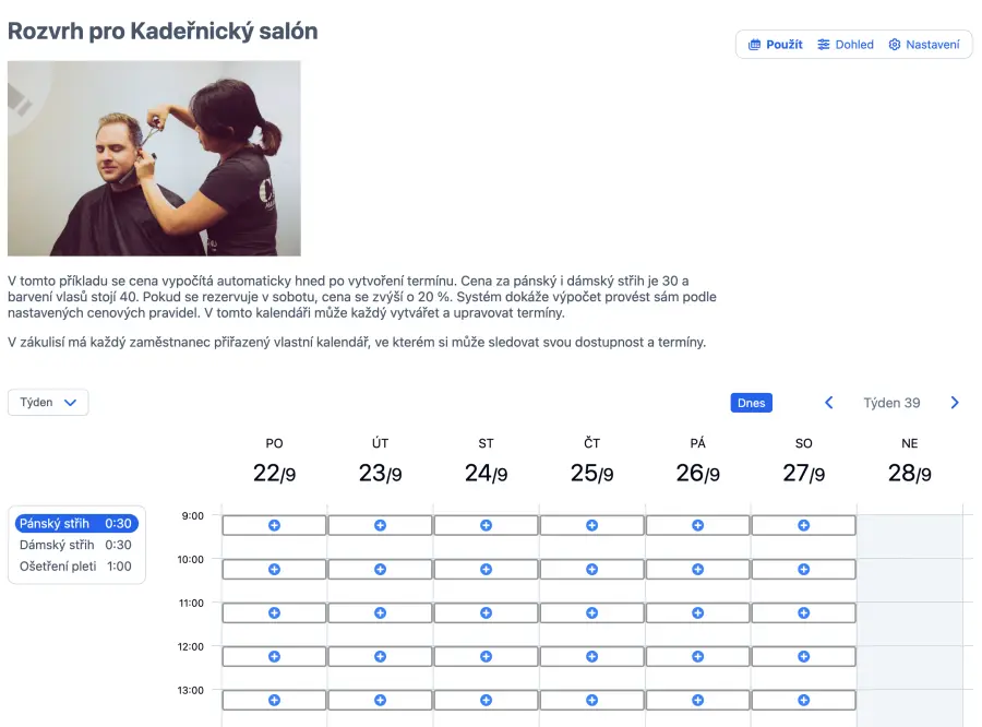 Zobrazení online kalendáře rezervace