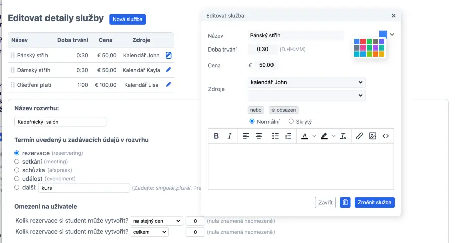 Přidání nových služeb do kalendáře rezervace salónu