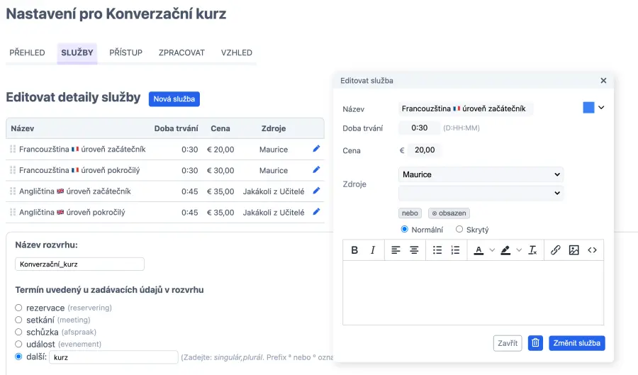Stanovení cen za hodiny konverzace