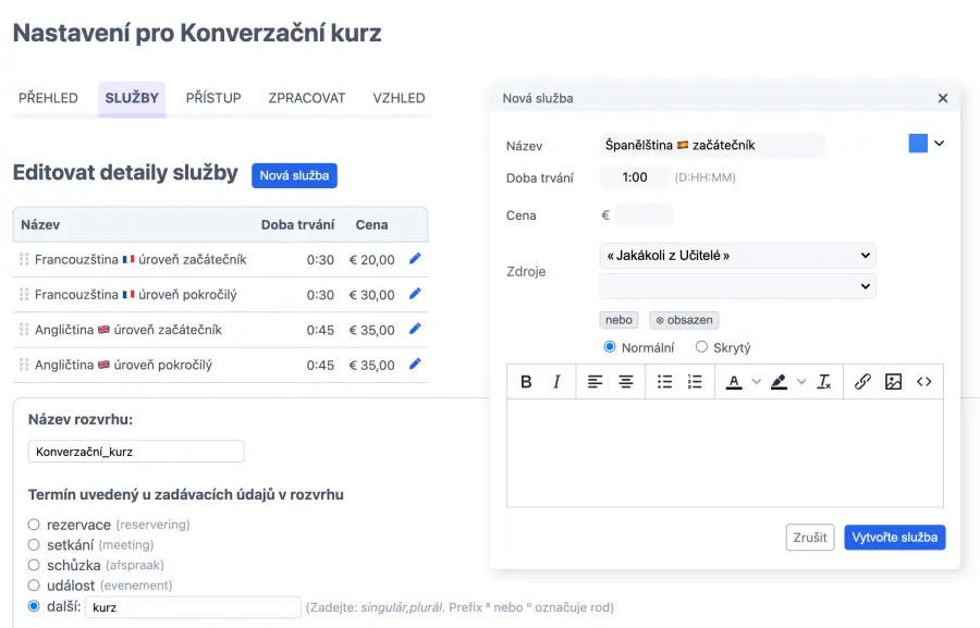 Nastavení hodin konverzace