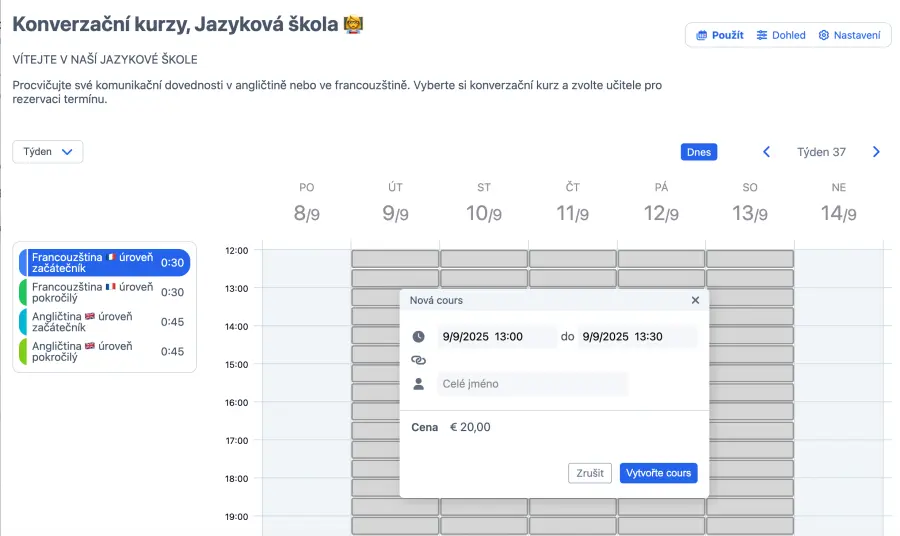 Záložka služeb jazykové školy