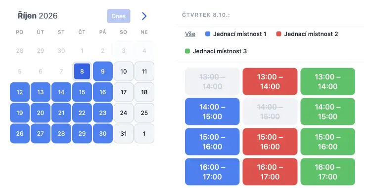 Rezervační widget SuperSaaS s volnými termíny jednotlivých jednacích místností