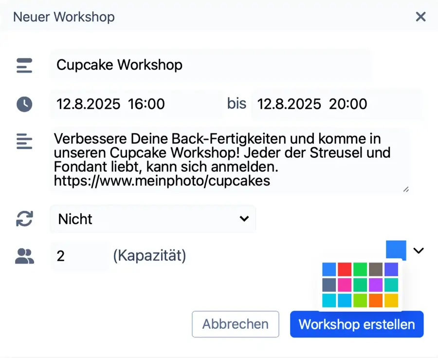 Einen Workshop einrichten mit allen Details im neuen Buchungsfenster