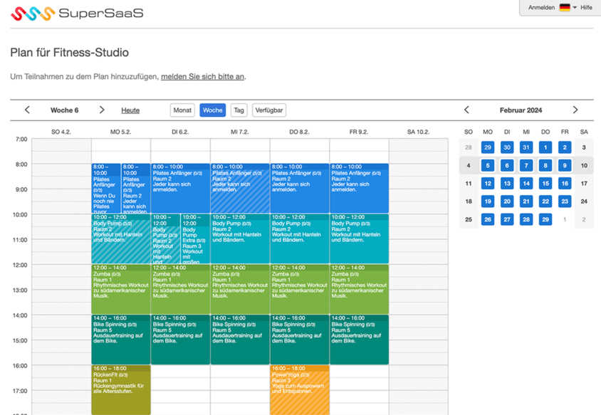 Ansicht Fitness Buchungskalender als Benutzer und Kunde