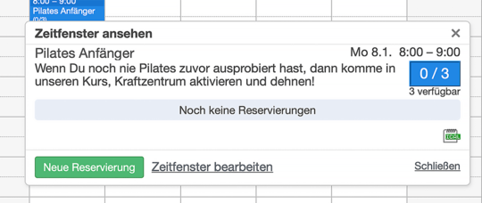 Fitness neue Reservierung als erste Buchung