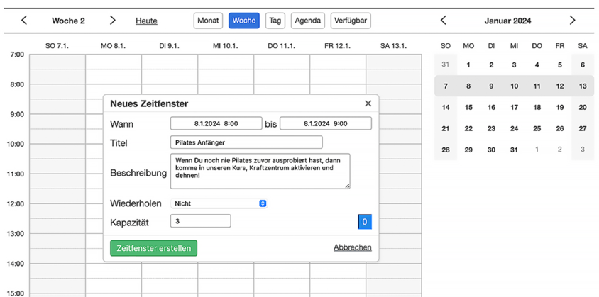 Fitness Anleitung: neues Zeitfenster als Kurs mit buchbaren Terminen erstellen